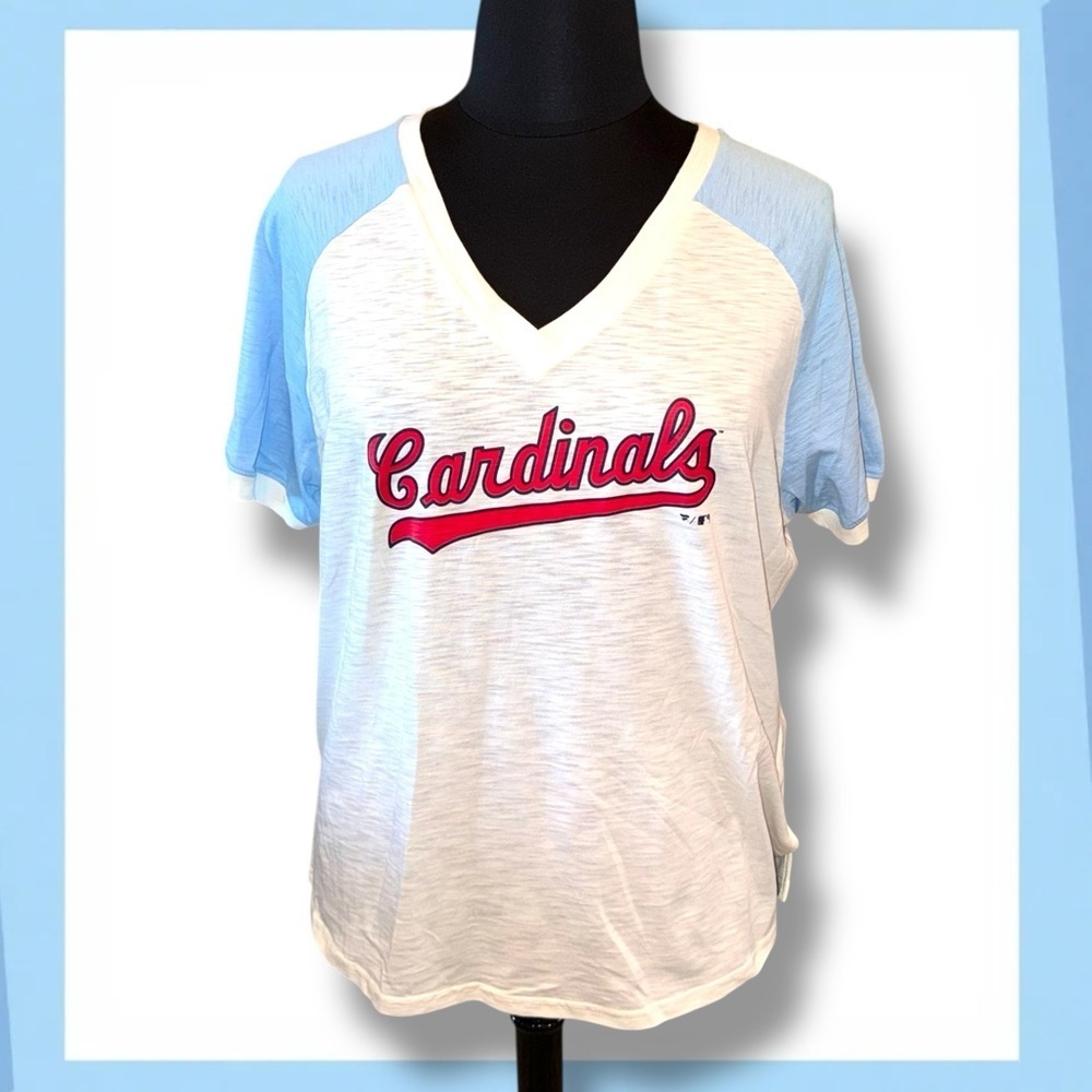 NWT FANATICS St. Louis Cardinals White/Light Blue Slub Raglan V-Neck T-Shirt 3XL